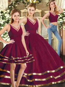 High Class Burgundy Sleeveless Tulle Backless Quinceanera Gown for Sweet 16 and Quinceanera