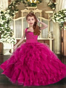 Stunning Fuchsia Ball Gowns Straps Sleeveless Tulle Floor Length Lace Up Ruffles Girls Pageant Dresses