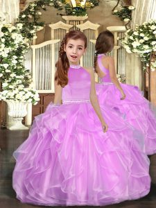 Amazing Floor Length Backless Kids Formal Wear Lilac for Party and Sweet 16 and Wedding Party with Beading and Ruffles