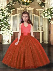 High End Rust Red Ball Gowns Tulle Halter Top Sleeveless Ruching Floor Length Lace Up Kids Formal Wear