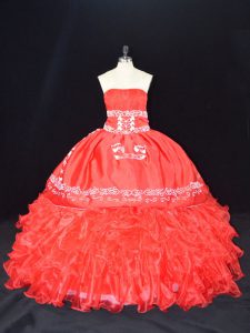 Extravagant Floor Length Red Quinceanera Dress Strapless Sleeveless Lace Up