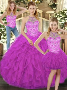 Unique Fuchsia Three Pieces Halter Top Sleeveless Tulle Floor Length Lace Up Beading and Ruffles Quinceanera Gown