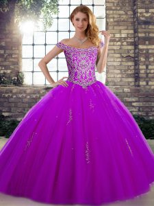 Best Sleeveless Tulle Floor Length Lace Up Vestidos de Quinceanera in Purple with Beading