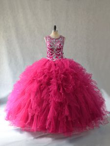 High End Hot Pink Sleeveless Beading Lace Up Quinceanera Gown