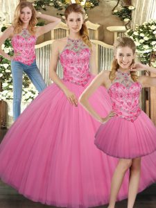 Cute Three Pieces Sweet 16 Dresses Rose Pink Halter Top Tulle Sleeveless Floor Length Lace Up