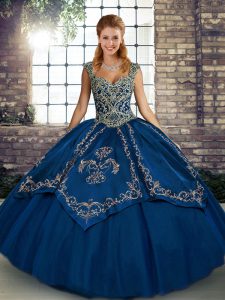 Best Tulle Straps Sleeveless Lace Up Beading and Embroidery Quinceanera Dresses in Blue