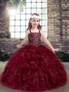 Burgundy Sleeveless Floor Length Beading and Ruffles Lace Up Little Girls Pageant Gowns