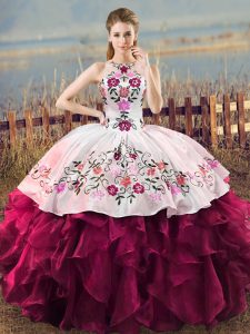 Floor Length Lace Up Quinceanera Dress Fuchsia for Sweet 16 and Quinceanera with Embroidery and Ruffles