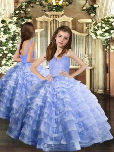 Fantastic Lavender Ball Gowns Organza Straps Sleeveless Ruffled Layers Floor Length Lace Up Pageant Gowns For Girls