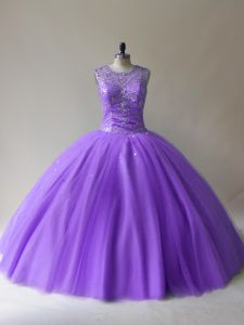 Latest Lavender Tulle Lace Up Vestidos de Quinceanera Sleeveless Floor Length Beading