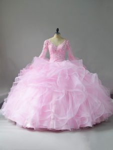 Pink Ball Gowns Lace and Ruffles Sweet 16 Dress Lace Up Tulle Long Sleeves Floor Length