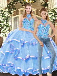 Attractive Organza Halter Top Sleeveless Lace Up Embroidery and Ruffled Layers Quinceanera Dresses in Blue