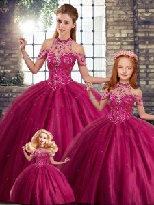 Fuchsia Tulle Lace Up Halter Top Sleeveless Quince Ball Gowns Brush Train Beading