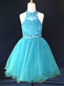 Aqua Blue Halter Top Neckline Beading and Lace Pageant Dress Toddler Sleeveless Lace Up