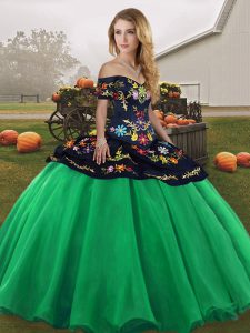 Turquoise Ball Gowns Off The Shoulder Sleeveless Tulle Floor Length Lace Up Embroidery Quinceanera Gowns