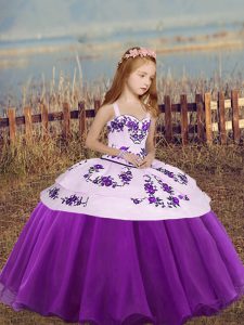 Eggplant Purple Ball Gowns Organza Straps Sleeveless Embroidery Floor Length Lace Up Child Pageant Dress