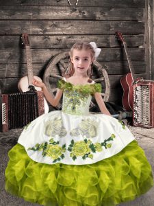 Olive Green Lace Up Off The Shoulder Beading and Embroidery and Ruffles Pageant Dress Toddler Organza Sleeveless