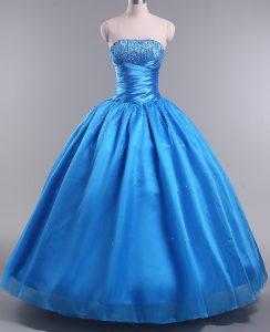Blue Sleeveless Floor Length Beading Lace Up 15th Birthday Dress
