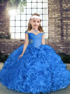 Royal Blue Fabric With Rolling Flowers Lace Up Little Girl Pageant Gowns Sleeveless Floor Length Beading and Ruching