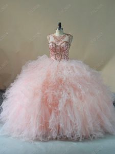 Pink Ball Gowns Tulle Scoop Sleeveless Beading and Ruffles Lace Up 15 Quinceanera Dress Brush Train