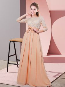 Spectacular Peach Dama Dress Wedding Party with Lace and Belt Scoop 3 4 Length Sleeve Side Zipper
