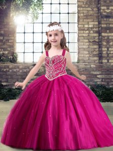 High Class Fuchsia Straps Lace Up Beading Child Pageant Dress Sleeveless