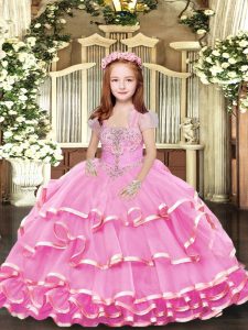 Enchanting Lilac Ball Gowns Organza Straps Sleeveless Beading and Ruffled Layers Floor Length Lace Up Little Girls Pageant Dress