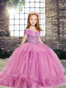 Floor Length Ball Gowns Sleeveless Lilac Pageant Gowns For Girls Lace Up