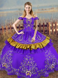 Elegant Sleeveless Satin and Organza Floor Length Lace Up Quince Ball Gowns in Purple with Embroidery