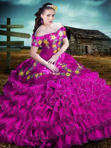 Decent Floor Length Fuchsia Quinceanera Gowns Organza Sleeveless Embroidery and Ruffles