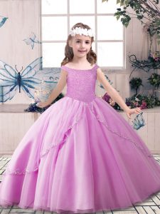 Stunning Lilac Tulle Lace Up Kids Pageant Dress Sleeveless Floor Length Beading