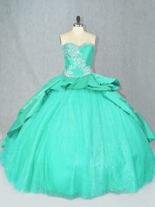 Dynamic Turquoise Ball Gowns Sweetheart Sleeveless Satin Court Train Lace Up Embroidery Sweet 16 Dresses