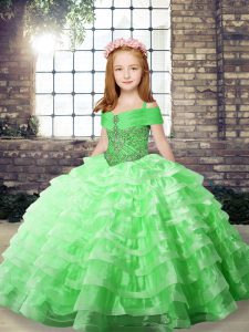 Ball Gowns Straps Sleeveless Organza Brush Train Lace Up Beading and Ruffled Layers Little Girls Pageant Dress