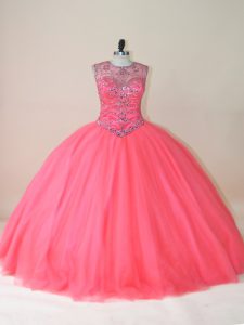 Beautiful Tulle Scoop Sleeveless Lace Up Beading 15 Quinceanera Dress in Watermelon Red