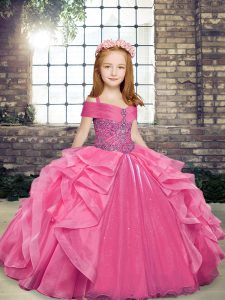 Straps Sleeveless Little Girls Pageant Gowns Floor Length Beading and Ruffles Pink Organza