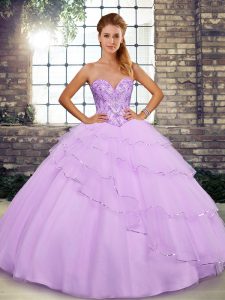 Tulle Sweetheart Sleeveless Brush Train Lace Up Beading and Ruffled Layers Ball Gown Prom Dress in Lilac