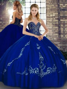 Classical Floor Length Lace Up 15th Birthday Dress Royal Blue for Military Ball and Sweet 16 and Quinceanera with Beading and Embroidery