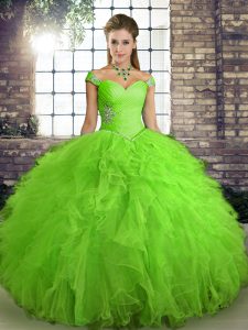 Sleeveless Tulle Floor Length Lace Up 15 Quinceanera Dress in with Beading and Ruffles