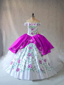 Hot Selling White And Purple Ball Gowns Off The Shoulder Sleeveless Organza Floor Length Lace Up Embroidery and Ruffles Sweet 16 Quinceanera Dress