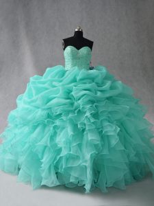 Fantastic Floor Length Lace Up Quinceanera Gown Aqua Blue for Sweet 16 and Quinceanera with Beading and Ruffles and Pick Ups
