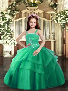 Straps Sleeveless Lace Up Little Girl Pageant Dress Turquoise Tulle