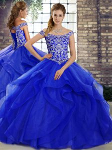 Royal Blue Ball Gowns Beading and Ruffles Quinceanera Dresses Lace Up Tulle Sleeveless