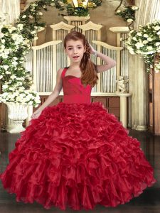 Sleeveless Floor Length Ruffles Lace Up Little Girl Pageant Gowns with Red