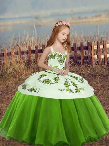 Custom Design Sleeveless Organza Floor Length Lace Up Pageant Gowns For Girls in Green with Embroidery