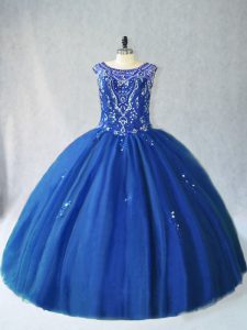 Extravagant Blue Tulle Lace Up Scoop Sleeveless Floor Length Quinceanera Gown Beading