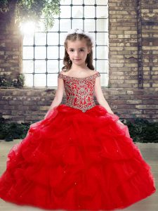 Off The Shoulder Sleeveless Lace Up Kids Formal Wear Red Organza and Tulle