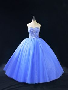 Sleeveless Floor Length Beading Lace Up Quinceanera Gowns with Blue