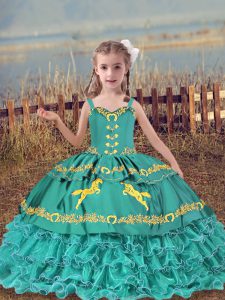 Organza Straps Sleeveless Lace Up Beading and Embroidery and Ruffled Layers Pageant Gowns in Teal