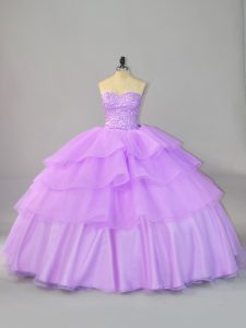 Vintage Lavender Organza Lace Up Sweetheart Sleeveless Sweet 16 Dresses Beading and Ruffled Layers