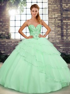 Romantic Sleeveless Brush Train Lace Up Beading and Ruffled Layers Quinceanera Dress